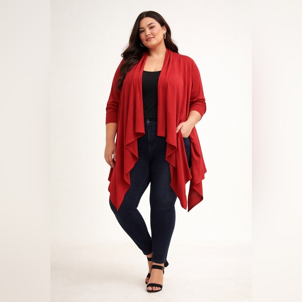 Head Turning Torrid Vibrant Bold Red Drape Waterfall Cardigan in Plus Size 2X.